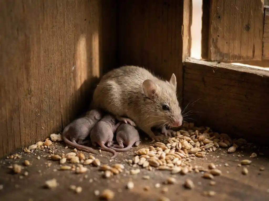 Huismuis met drie jonge muizen verscholen tussen graankorrels in een donkere keukenkast van verouderd hout.
